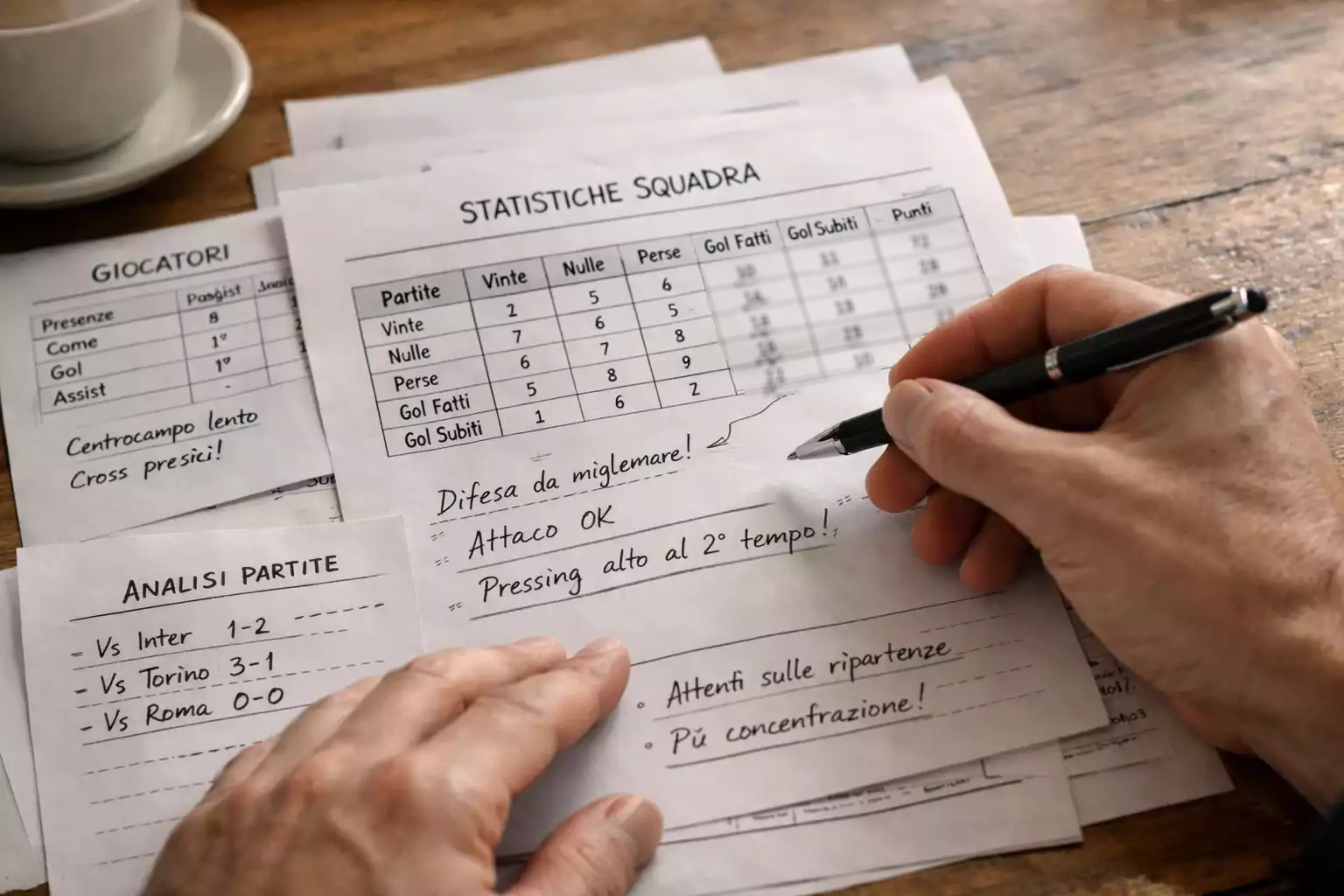 Persona che analizza statistiche sportive su foglio con penna