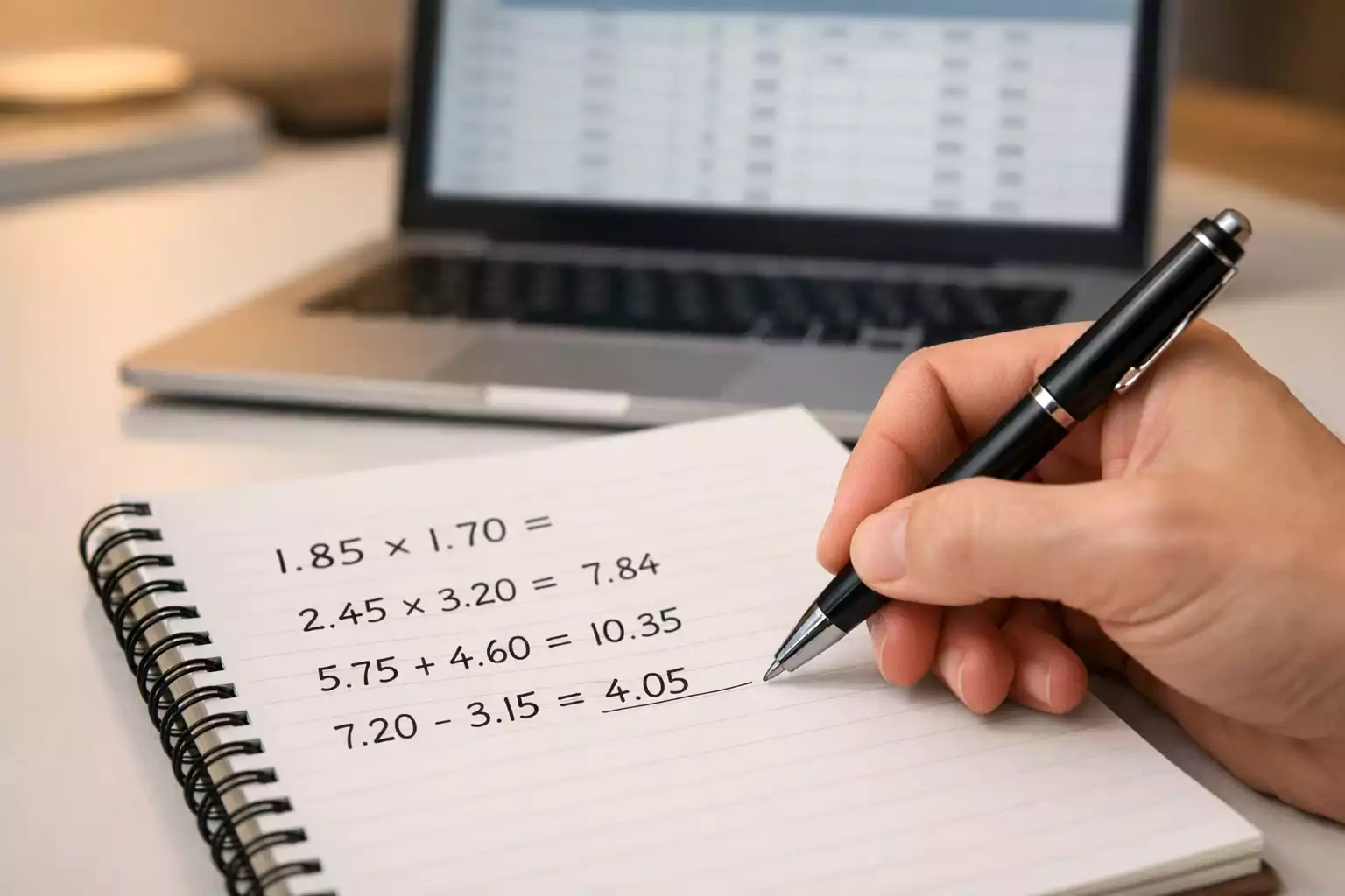 Mano che scrive calcoli matematici su quaderno con laptop sullo sfondo