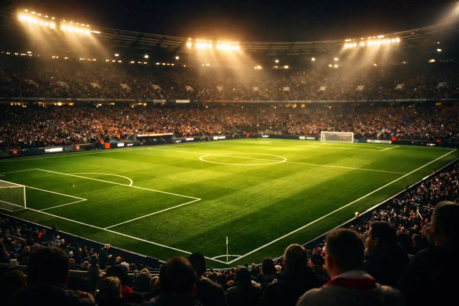 Stadio di calcio illuminato con tifosi durante una partita serale