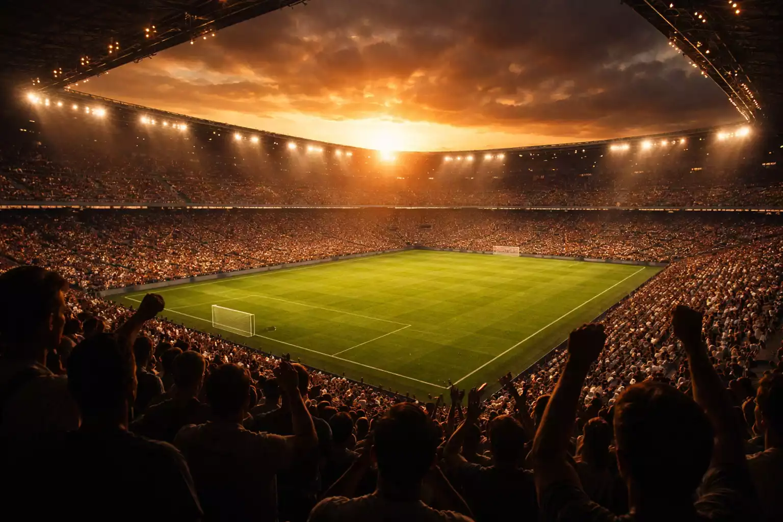 Stadio di calcio illuminato con tifosi sugli spalti